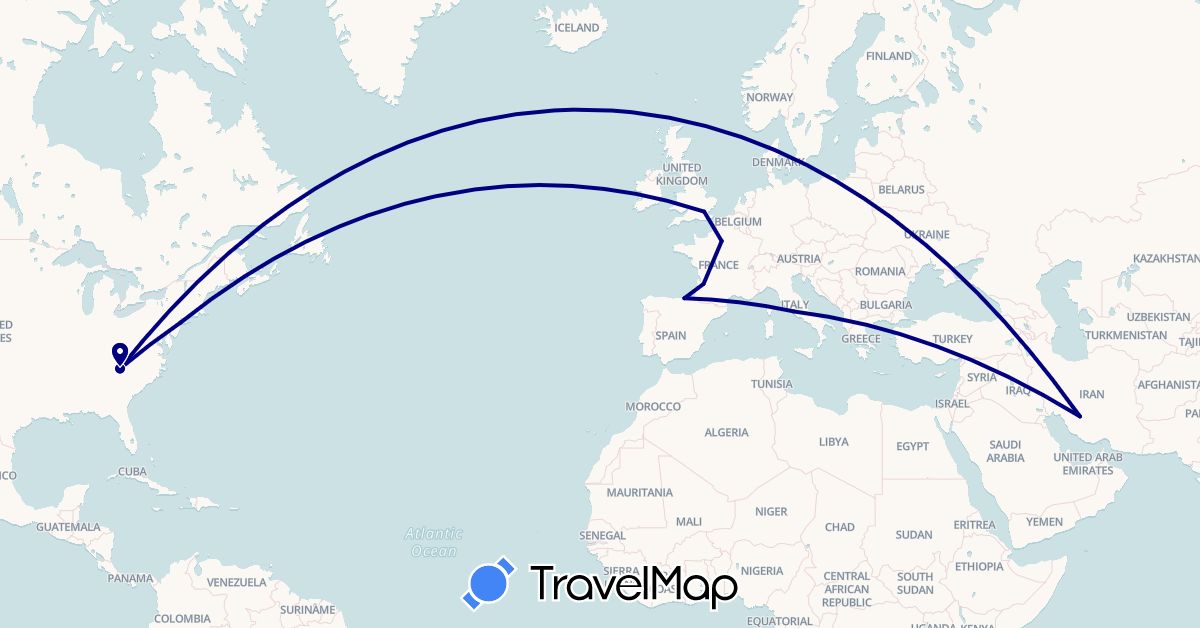 TravelMap itinerary: driving in Spain, France, United Kingdom, Iran, Italy, United States, Vatican City (Asia, Europe, North America)